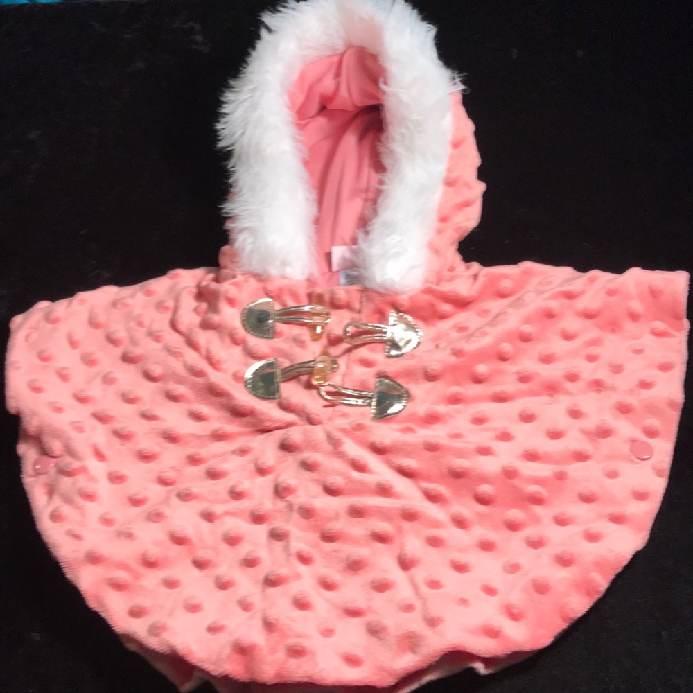 Hooded cape with furry hood and toggle snaps